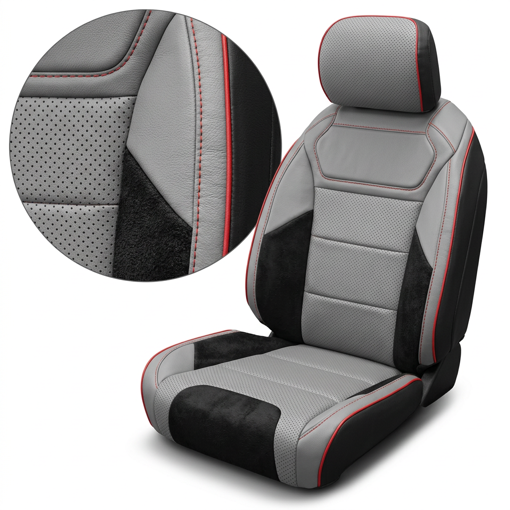 2021-2026 Ford F-150 Raptor Katzkin Leather Seat Upholstery Kit – Black with Light Grey Front-Face, Perforated Combination Inserts, Black Automotive Suede Accent Panels, Red Contrast Stitching, and Red Piping