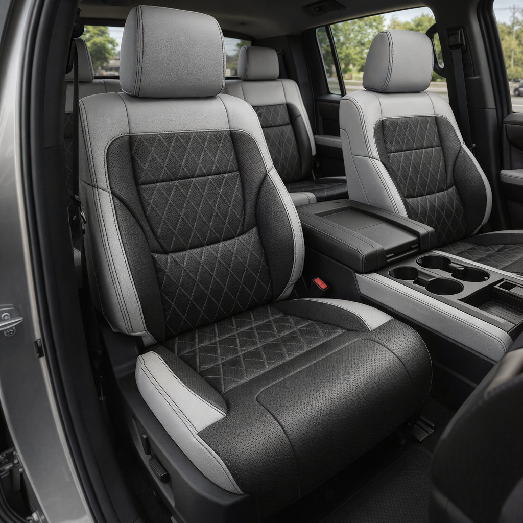 2022-2026 Toyota Tundra Katzkin Leather Upholstery Kit – Cement Gray & Black Diamond Pattern Accents