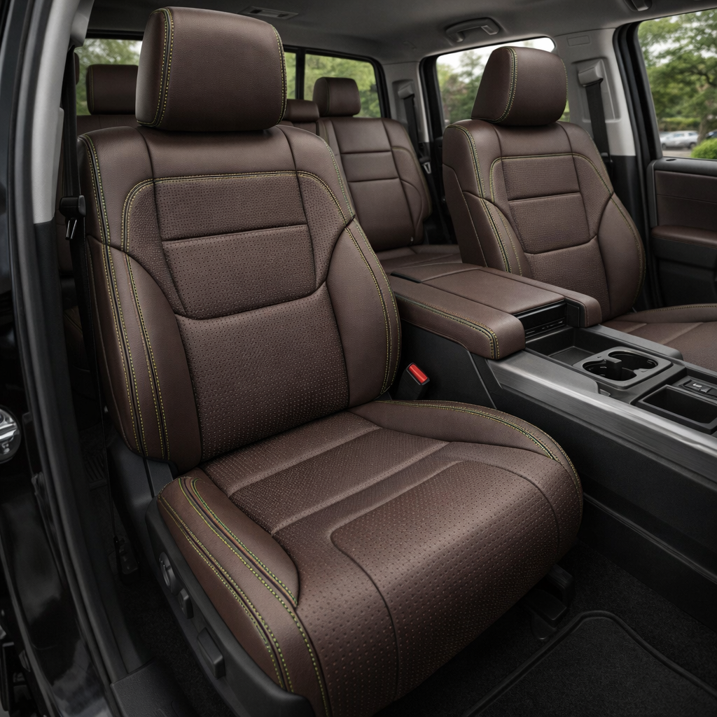 2022-2026 Toyota Tundra Katzkin Leather Upholstery Kit – Java Brown with Square Perforated Inserts & Evergreen Stitching