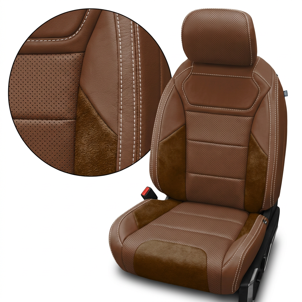 2021-2026 Ford F-150 Raptor Katzkin Leather Seat Upholstery Kit – Mahogany Brown with Perforated Combination Inserts, Chocolate Brown Automotive Suede Accent Panels, and Pearl White Contrast Stitching